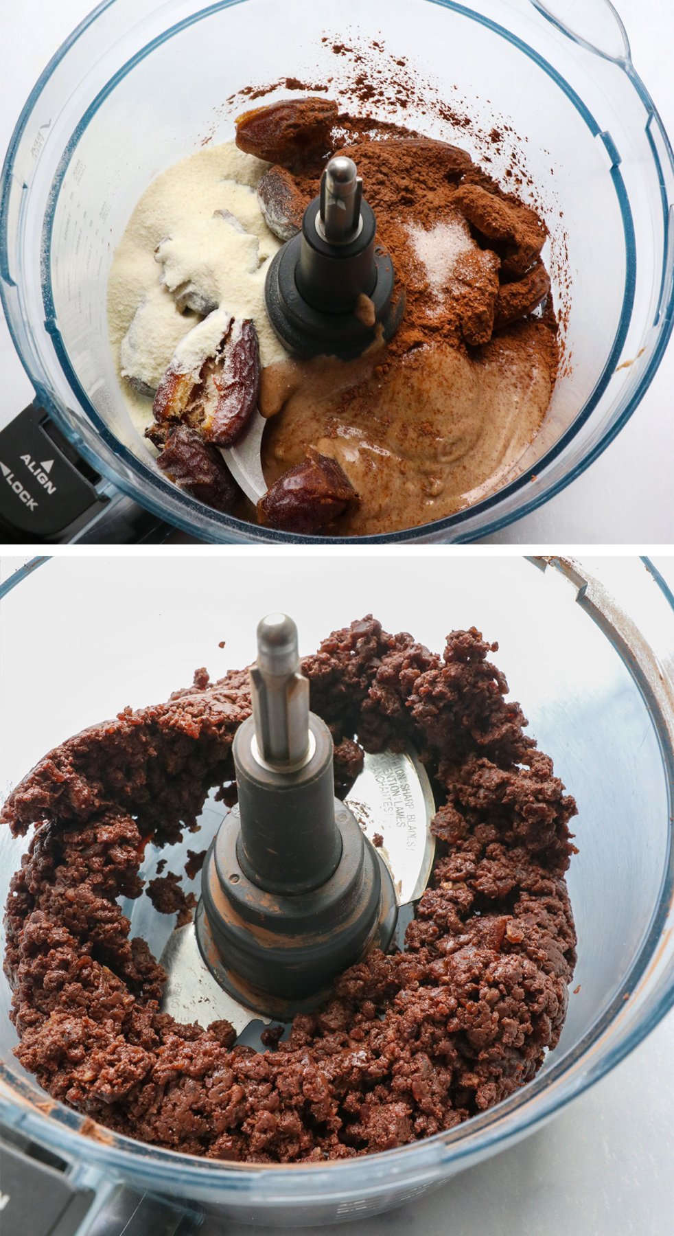 Date protein spheres in food processors.