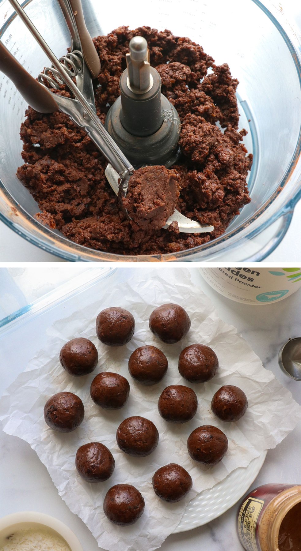 Chocolate date mixture rolls into balls.
