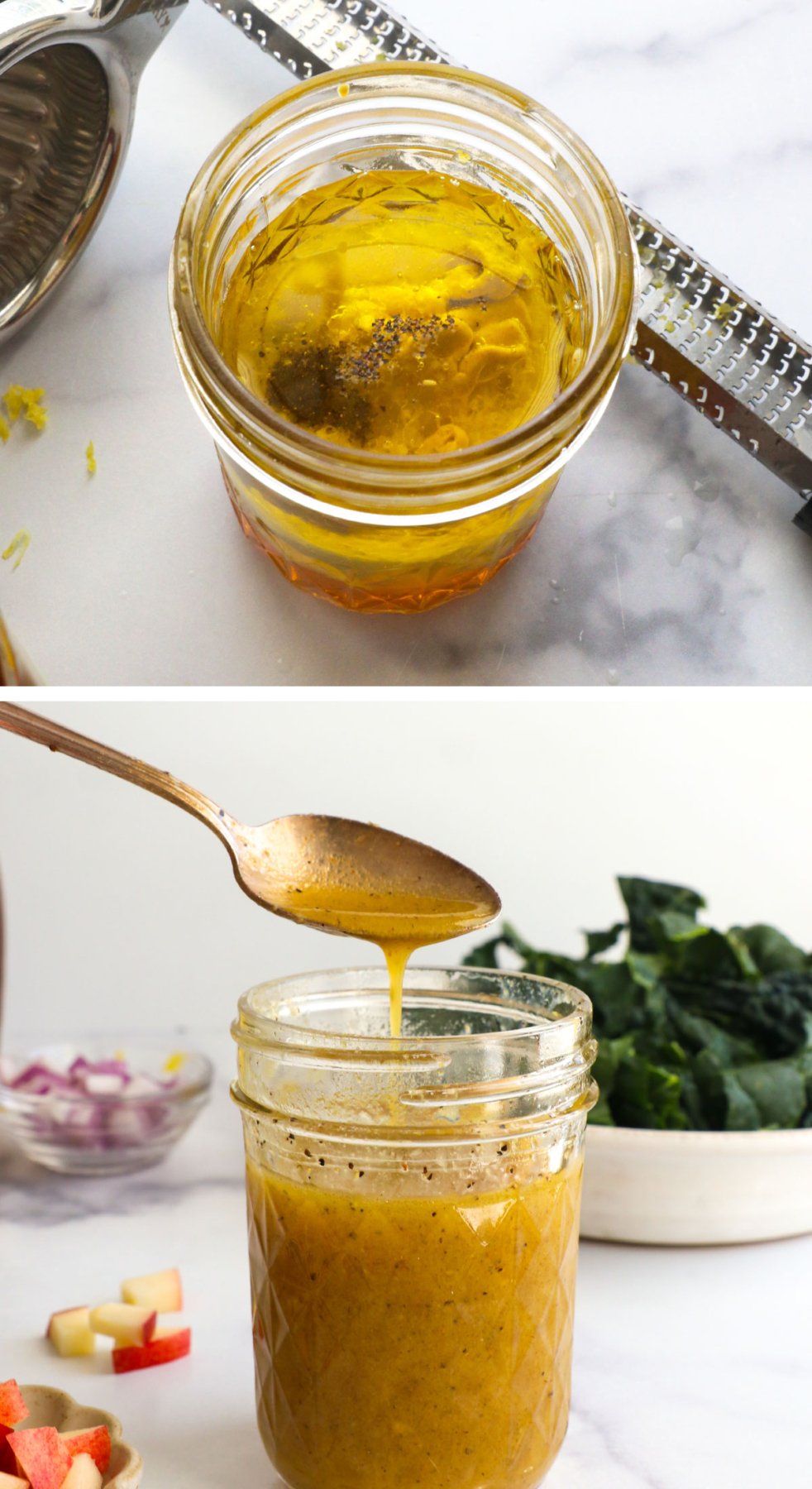 Stir the kale salad dressing together in a small glass jar.