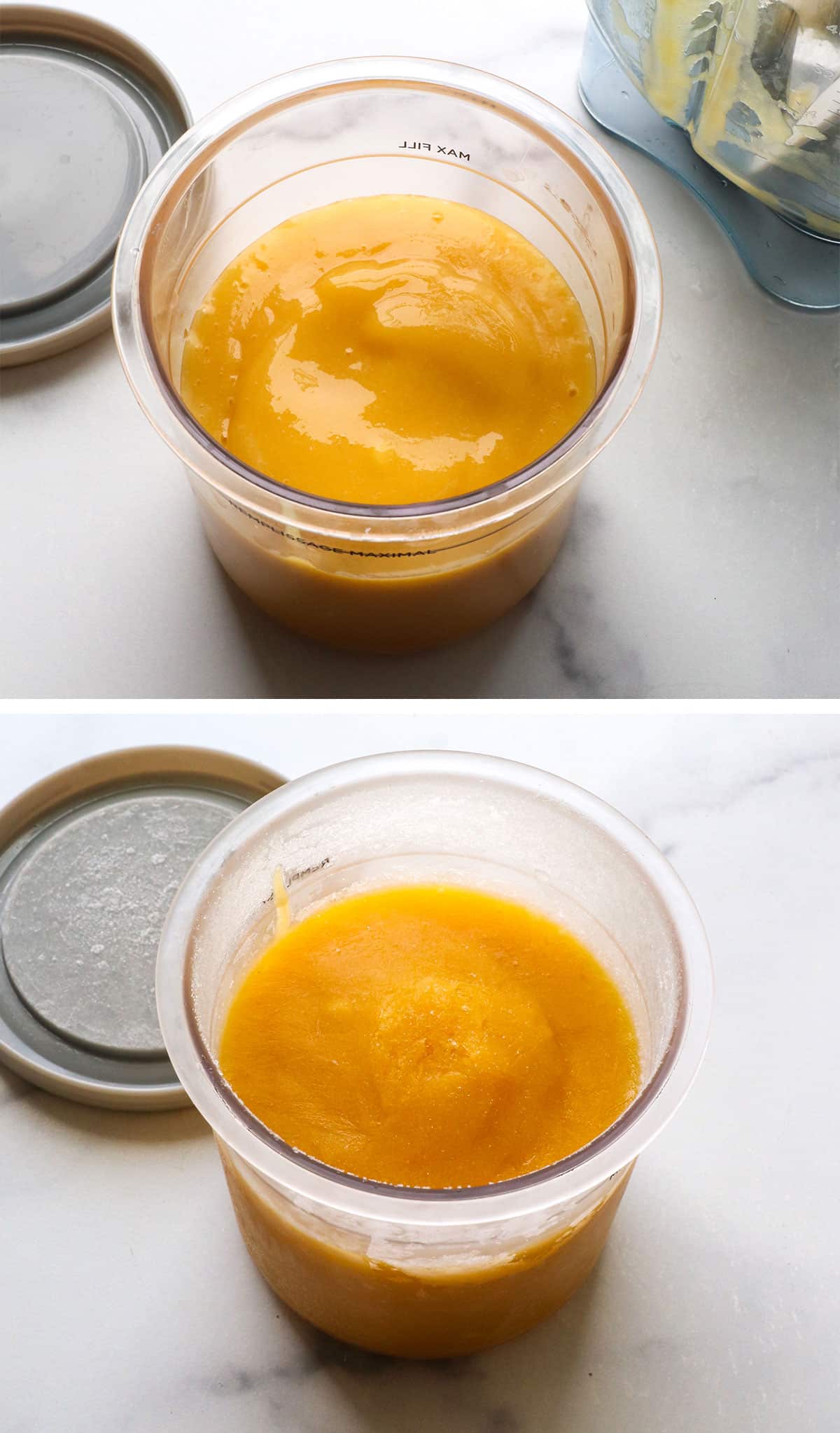 Mango sorbet poured into a Ninja creami pint and frozen.