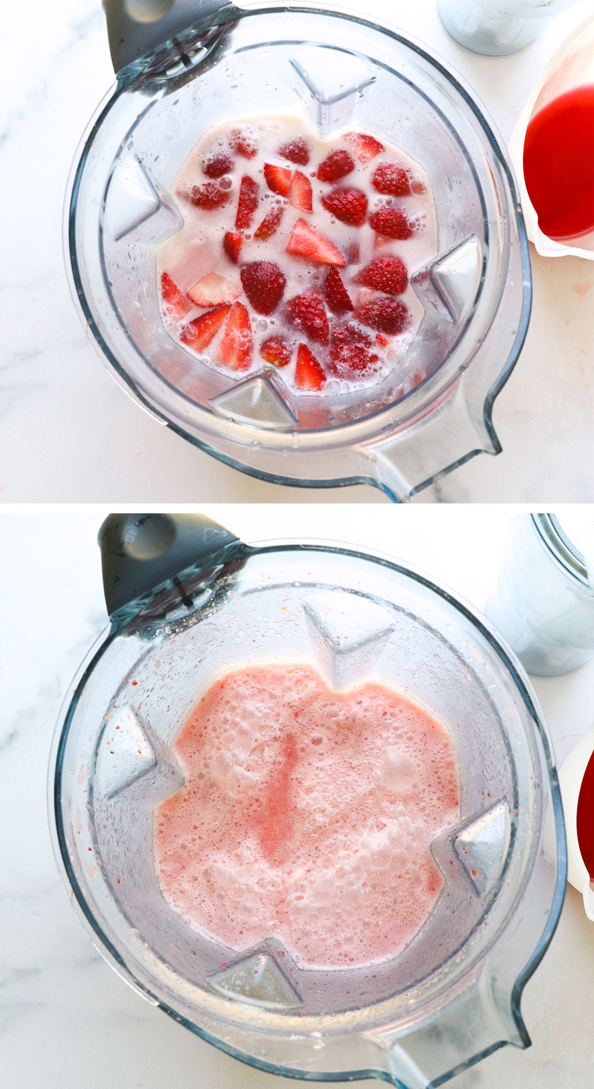 Blended pink drink in a blender.