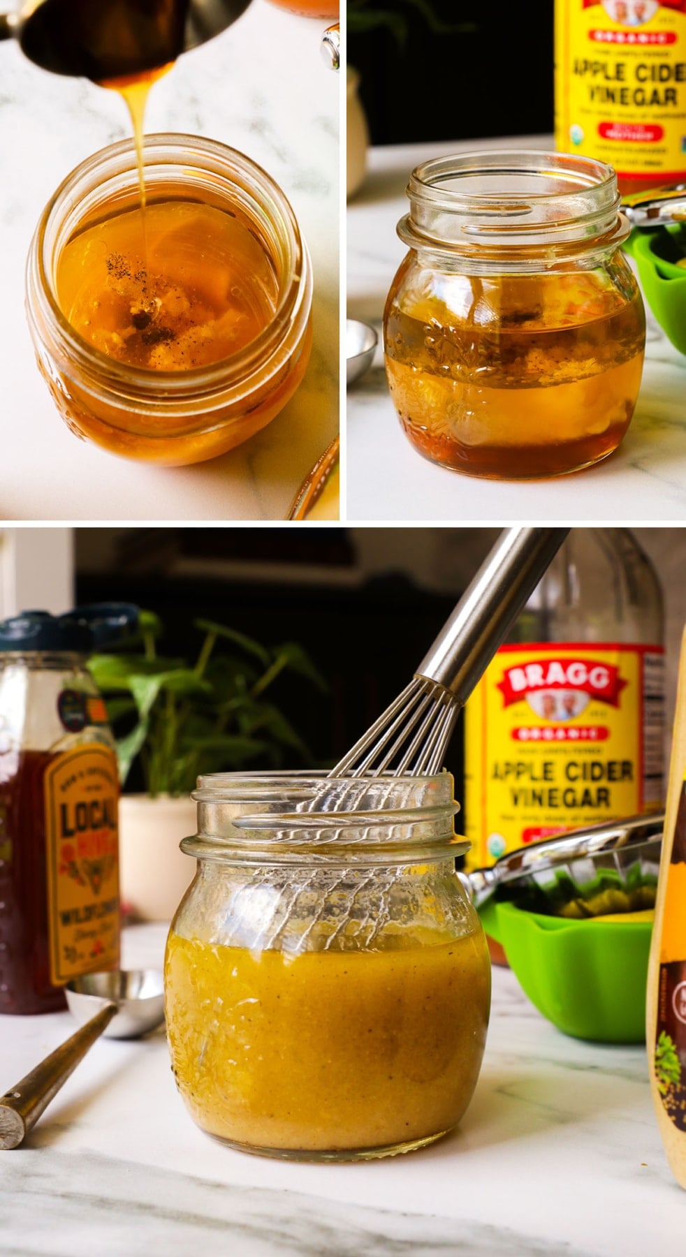 apple cider vinegar dressing mixed in a glass jar with a small whisk. 