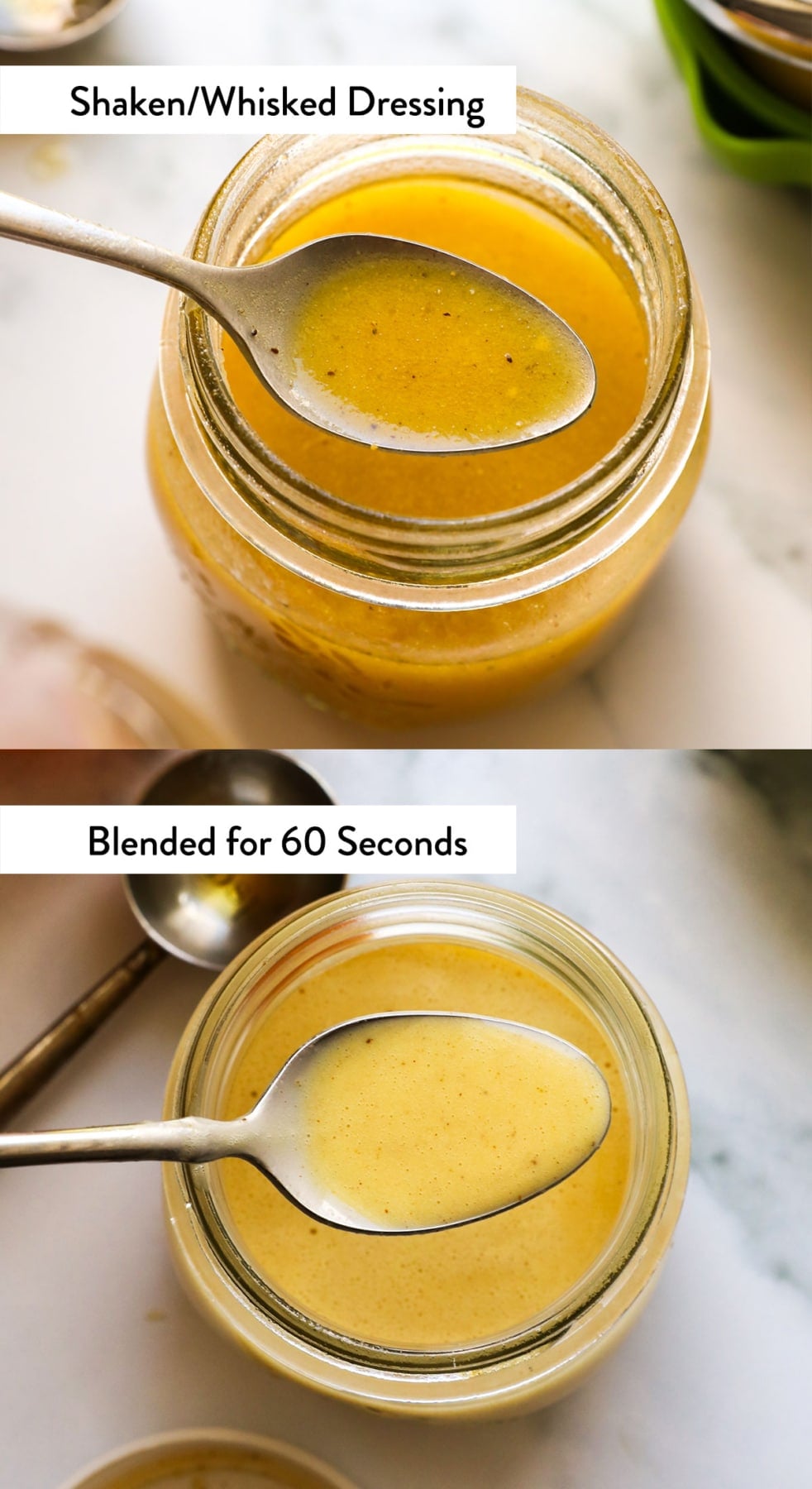 a spoon with blended vs shaken salad dressing to show texture. 