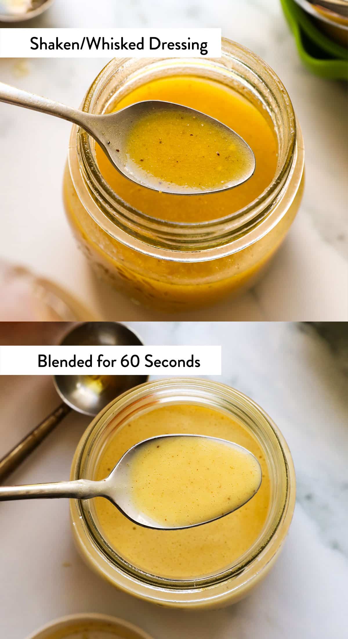 a spoon with blended vs shaken salad dressing to show texture.