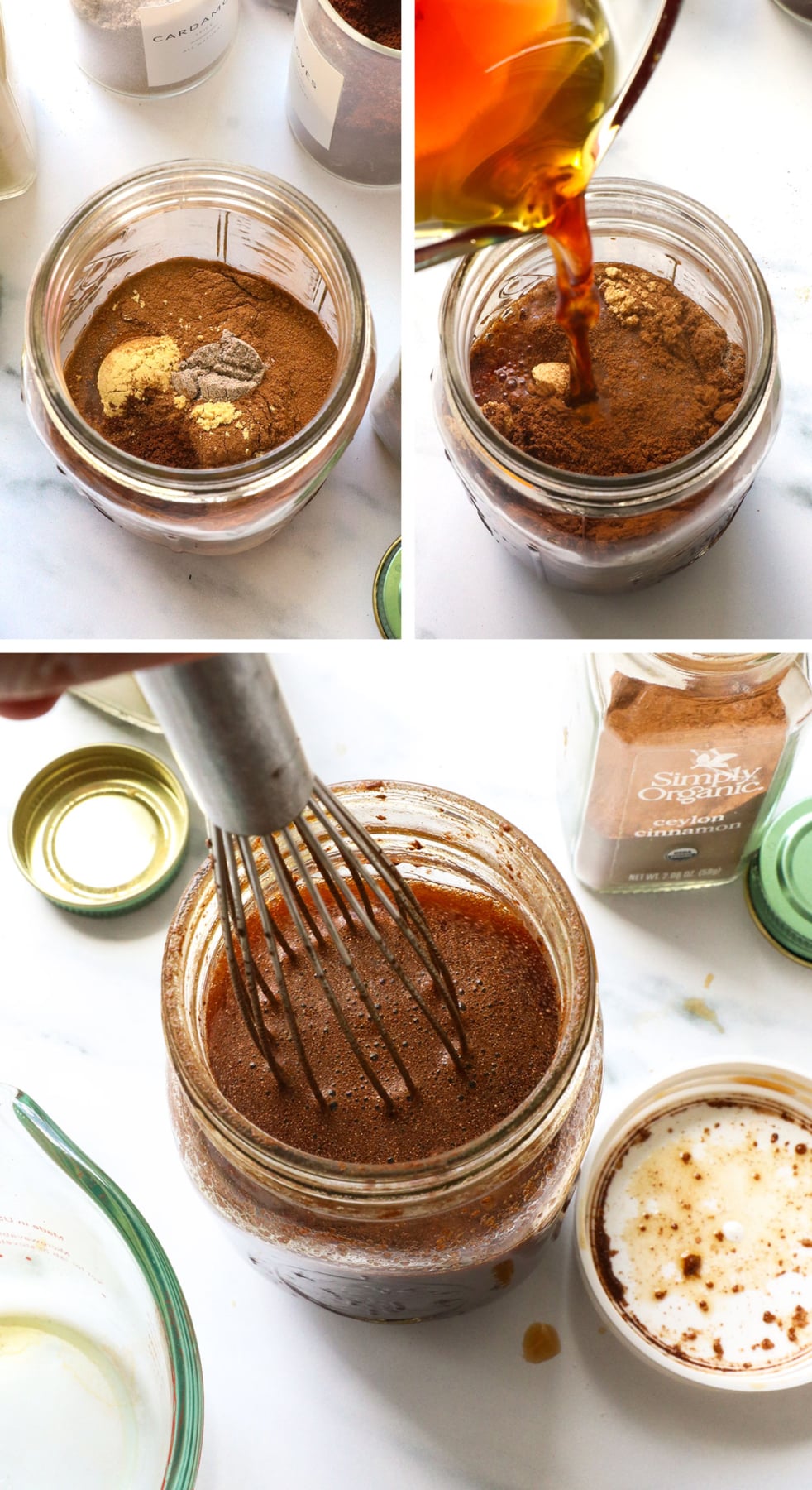 spices mixed with maple syrup and black tea in a mason jar.