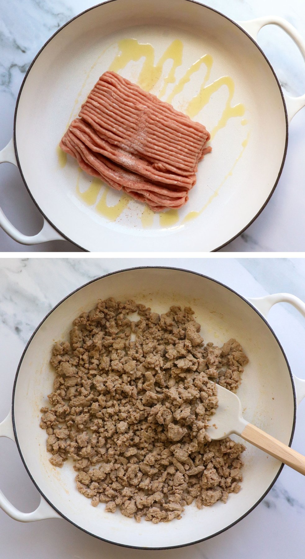 ground turkey before and after cooking it in a white skillet.