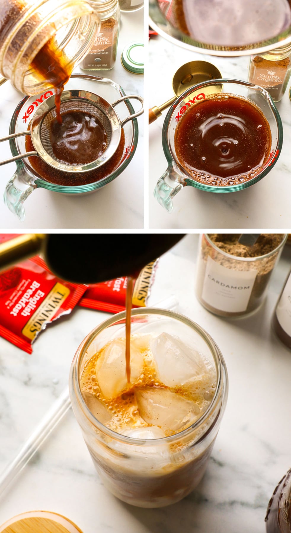 spices strained from chai concentrate and poured over milk in a glass.