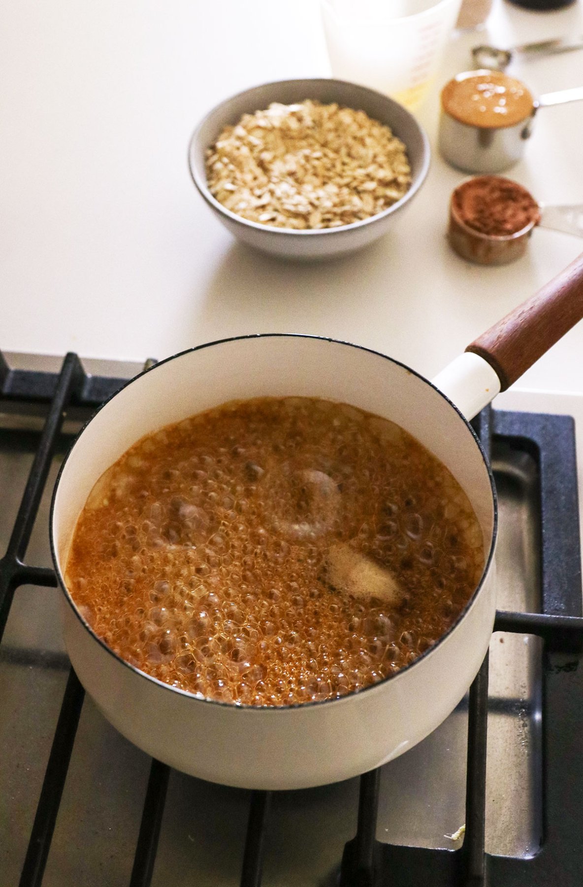 Maple syrup boils around the ingredients
