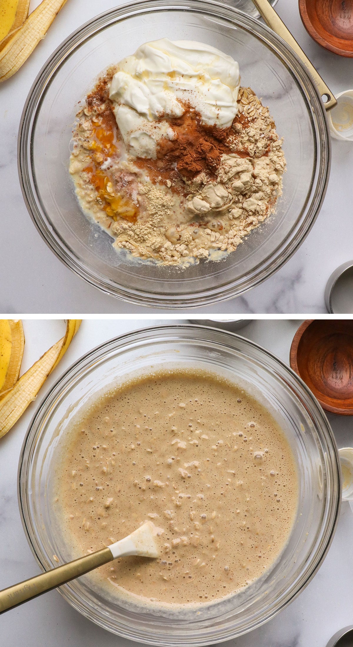 baked oatmeal ingredients mixed in a glass bowl.