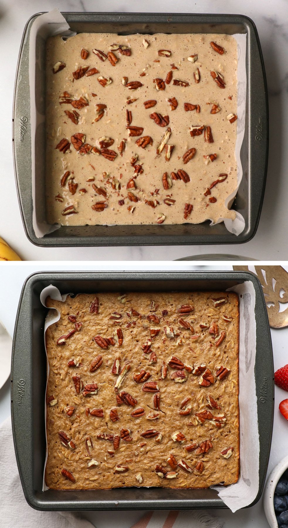 Protein bake oatmeal in a pot before and after baking.