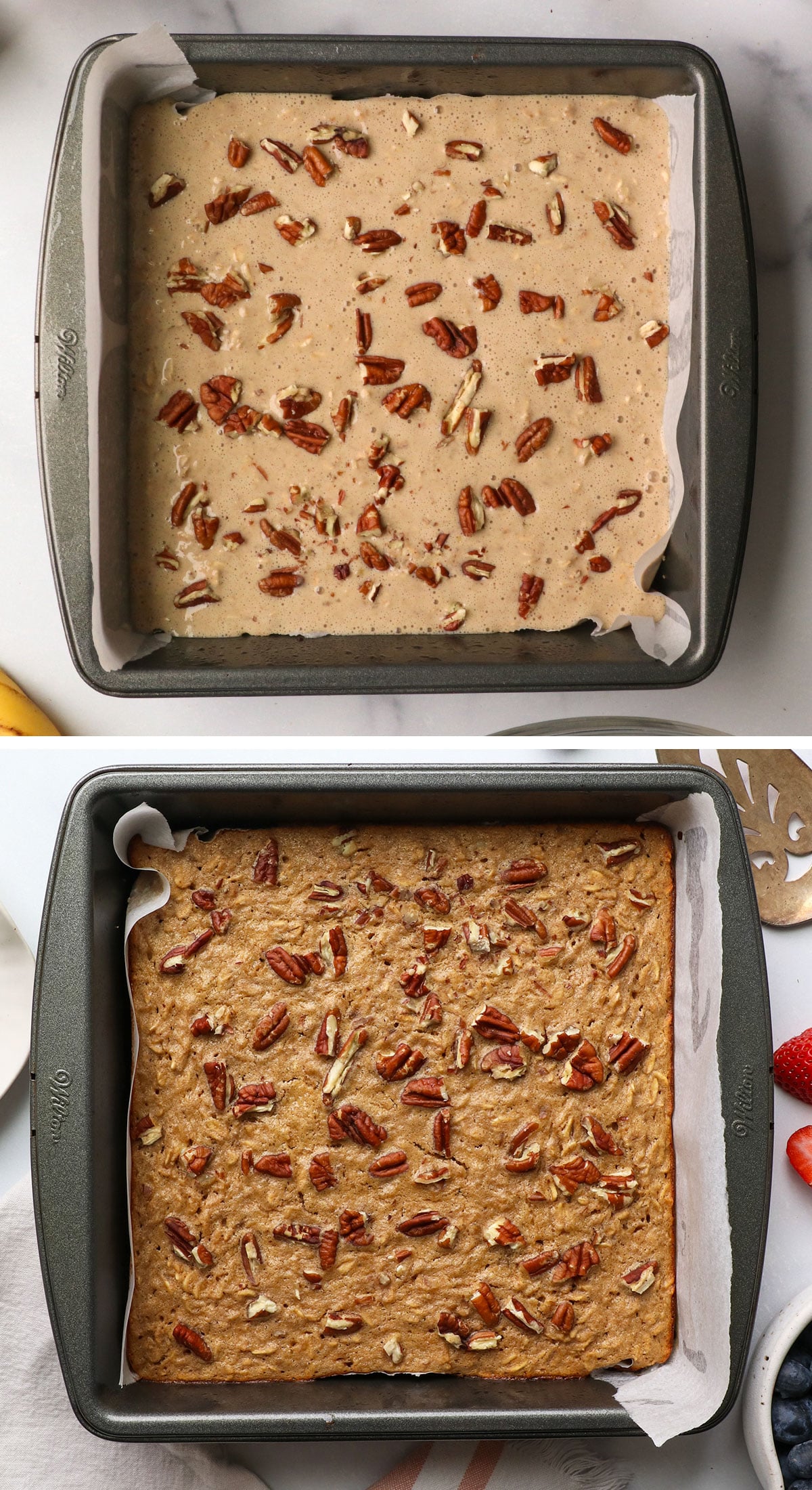protein baked oatmeal in a pan before and after baking.