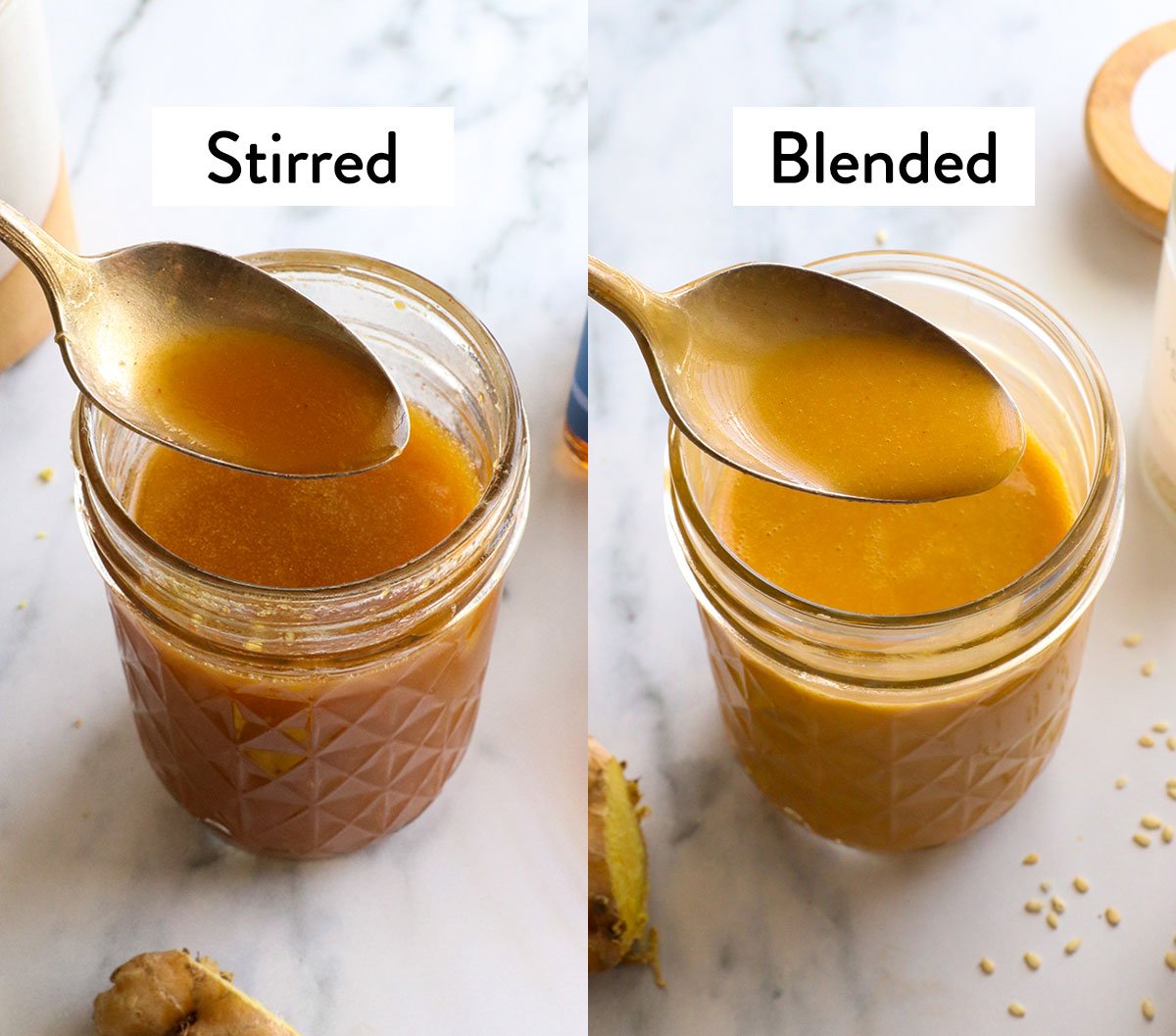 stirred vs blended dressing next to each other to show texture. 
