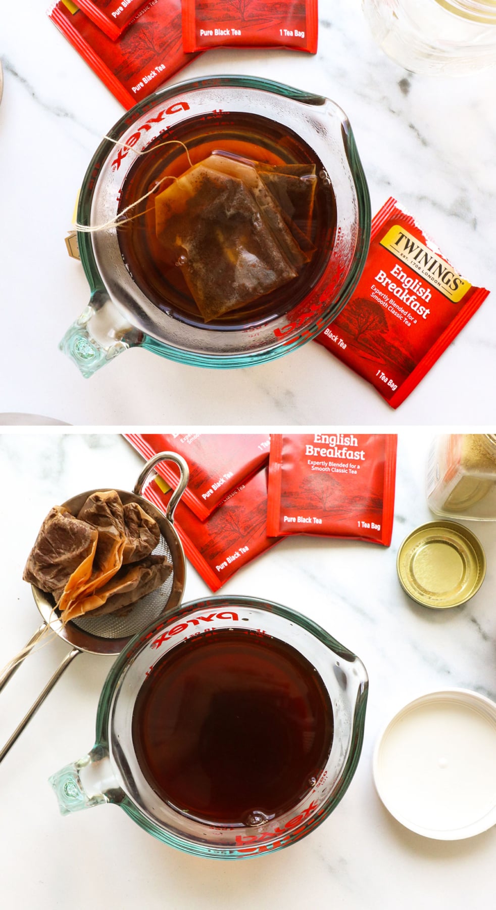 brewing 4 black tea bags in a measuring cup with hot water.