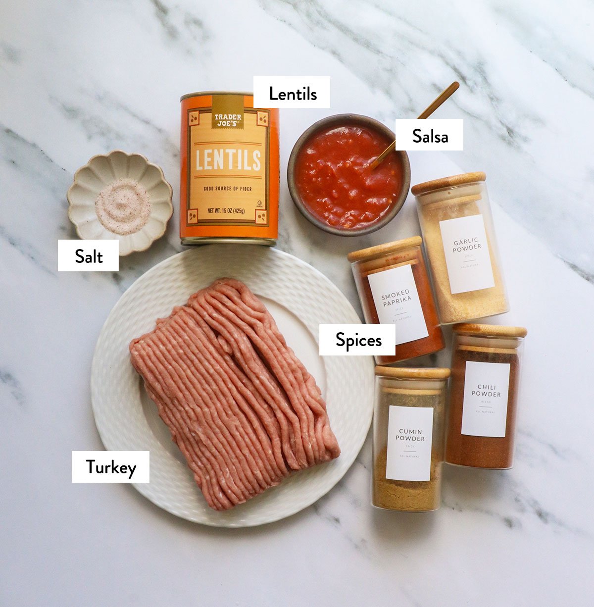 ground turkey, spices, lentils and salsa labeled on a white surface.