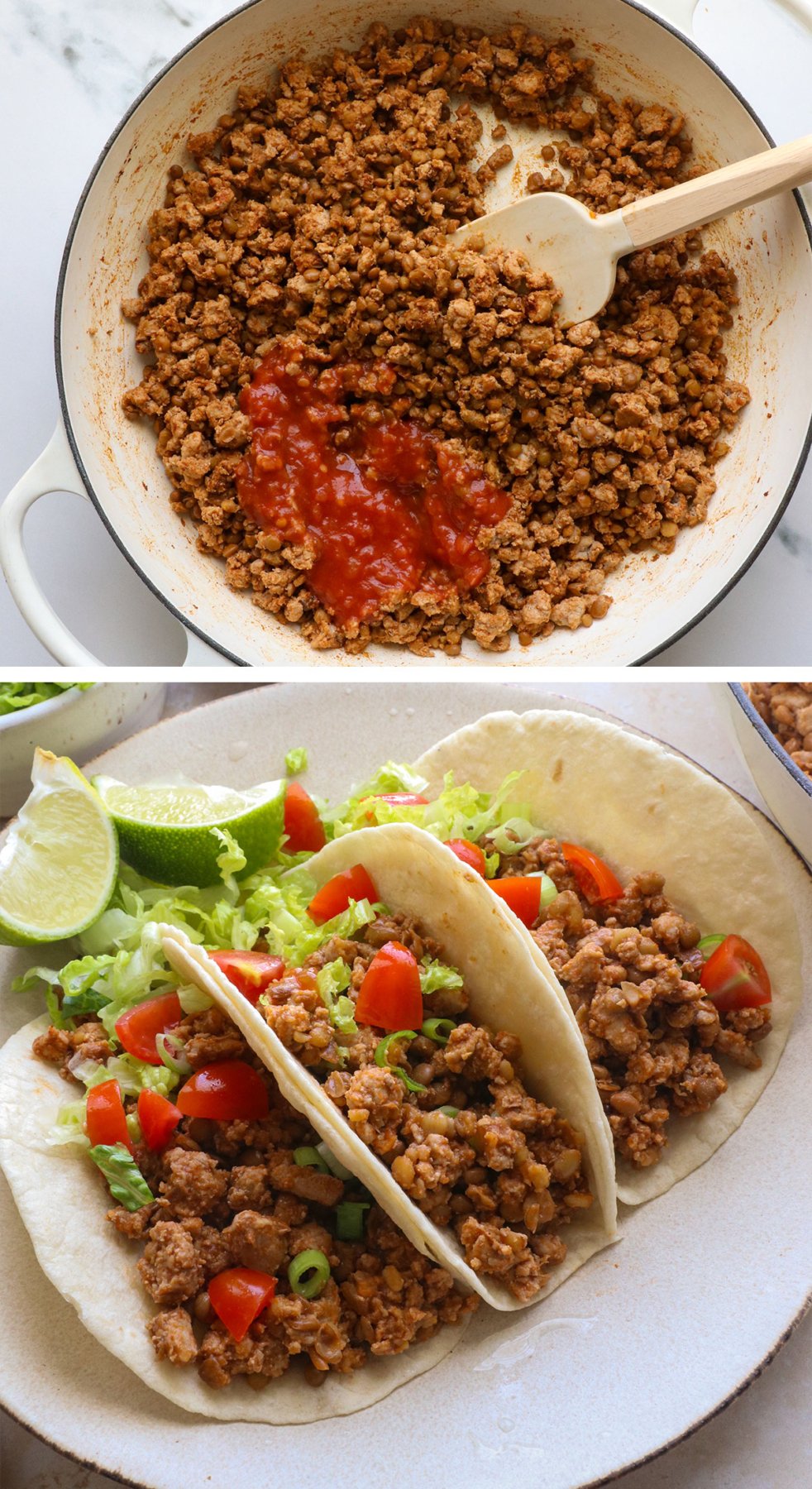 salsa added to a skillet of turkey meat and served with tortillas.