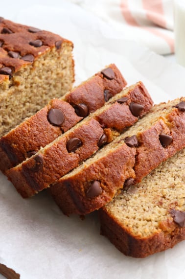 banana bread with almond flour sliced into thick pieces.