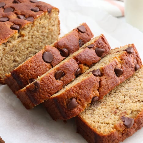 banana bread with almond flour sliced into thick pieces.