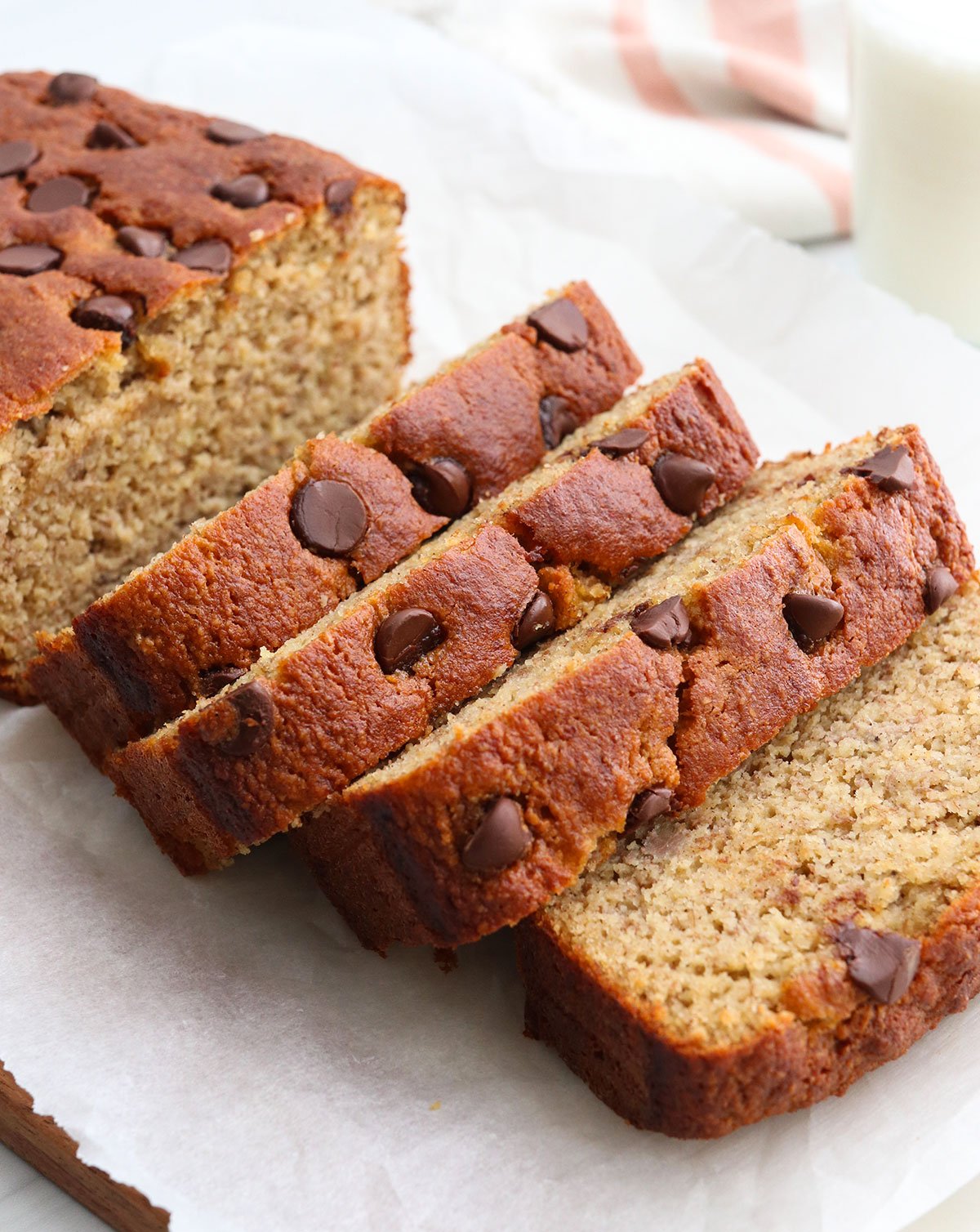 banana bread with almond flour sliced into thick pieces.
