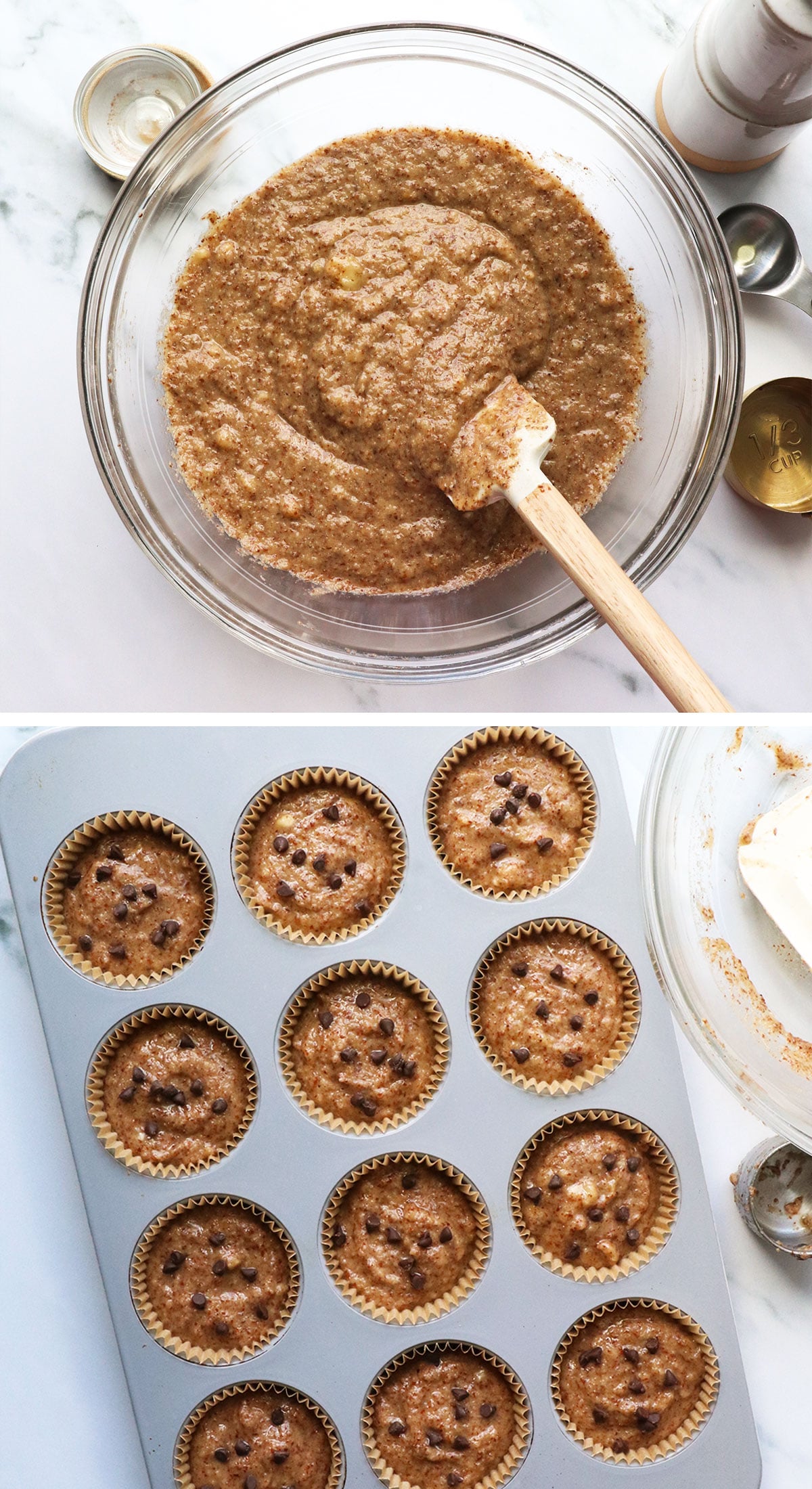 almond meal muffin batter in a pan.
