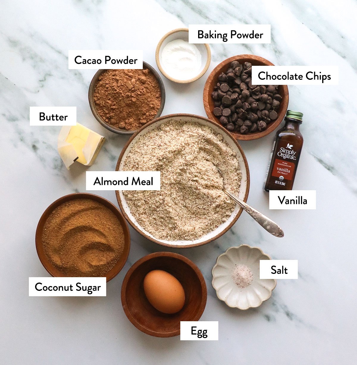 Almond flour, coconut sugar, cocoa powder, eggs and salt mark in a bowl.