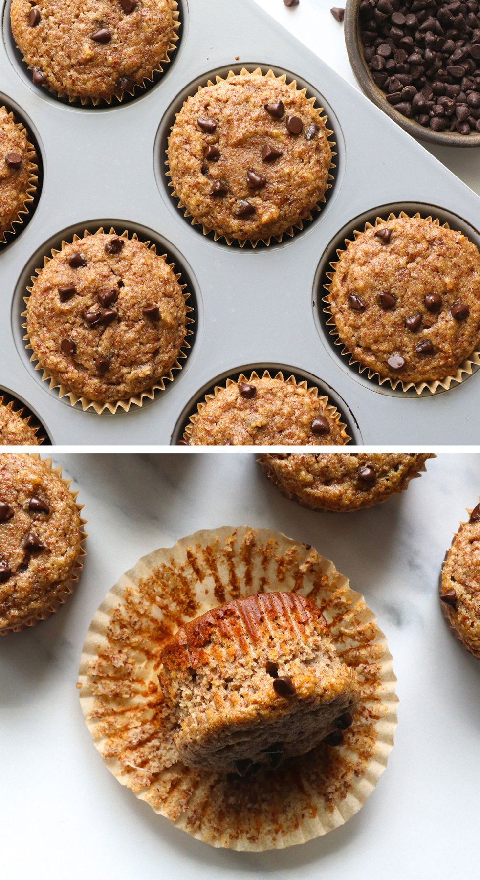 baked muffins in a pan and one peeled from the wrapper.
