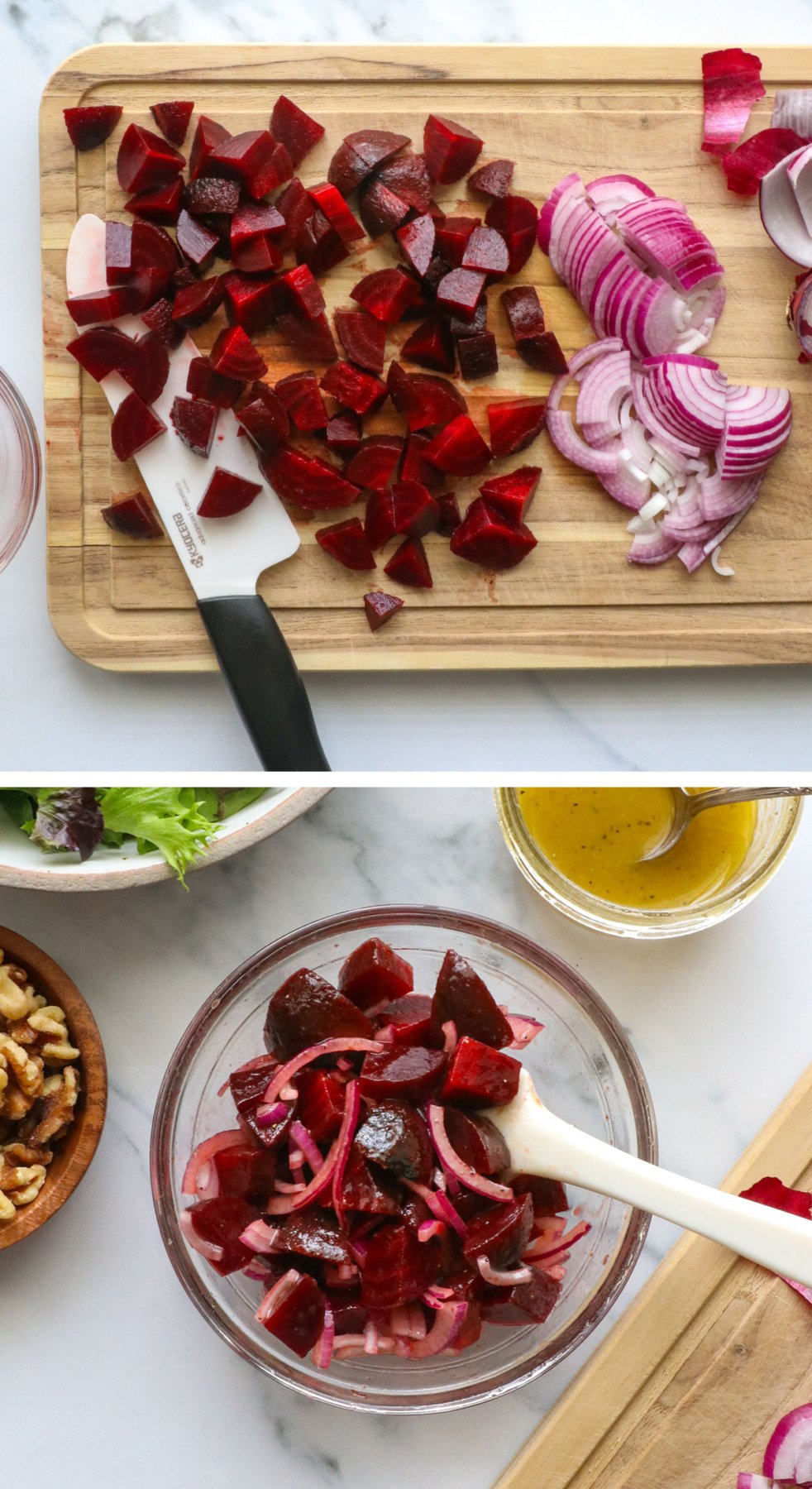 sliced beets and red onion on cutting board and added to bowl of dressing.