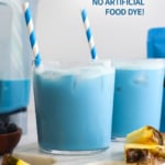 blue milk in two glasses labeled for Pinterest.