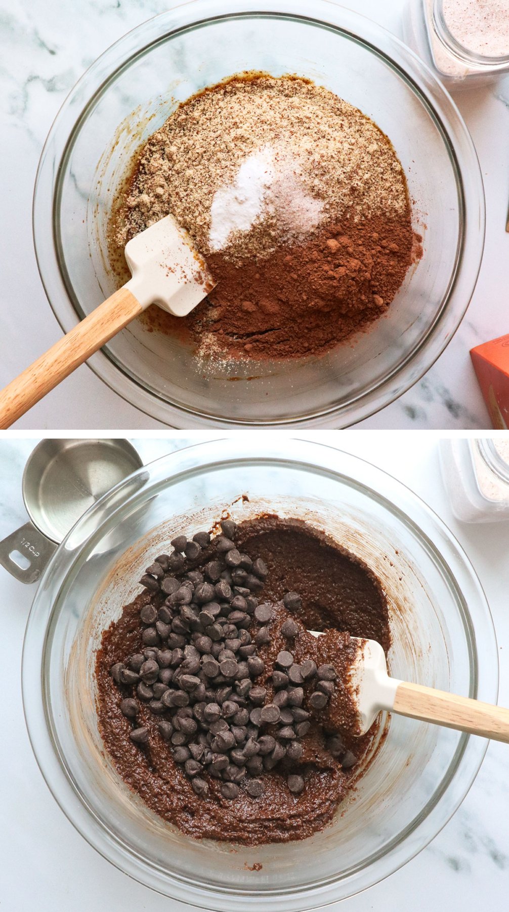 Almond flour and cocoa powder are mixed with chocolate chips to make a dough.