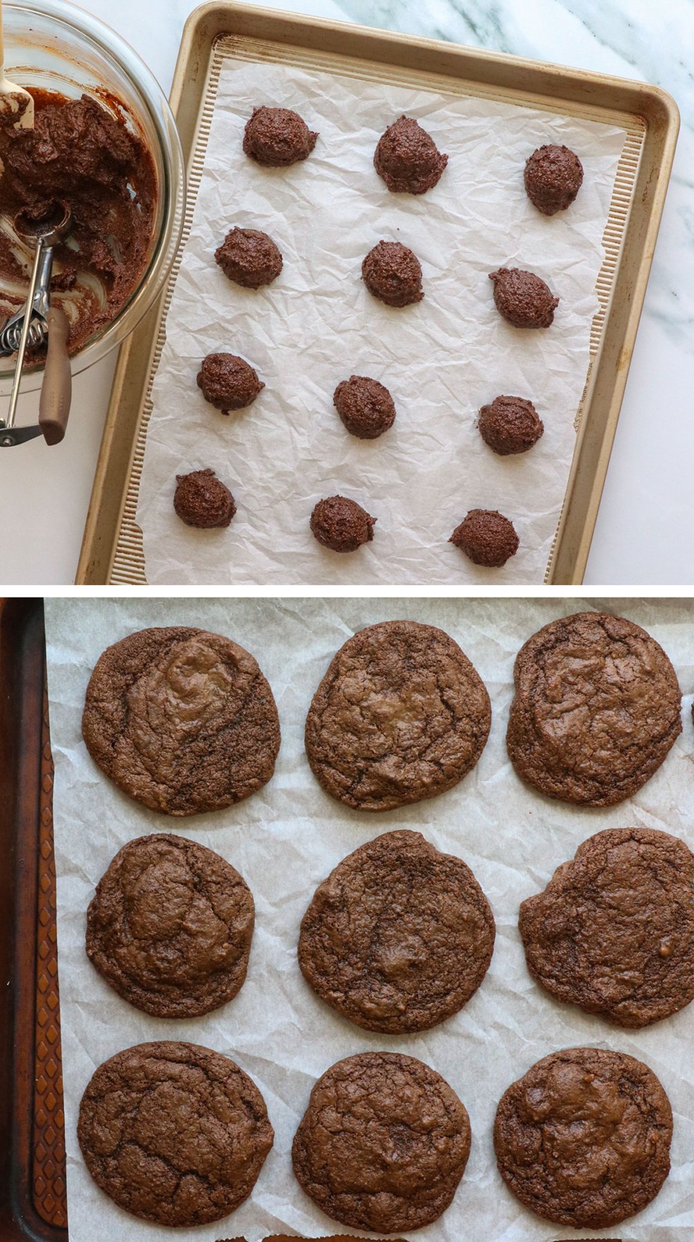 Cookies are scalled on the pan and baked on parchment paper.