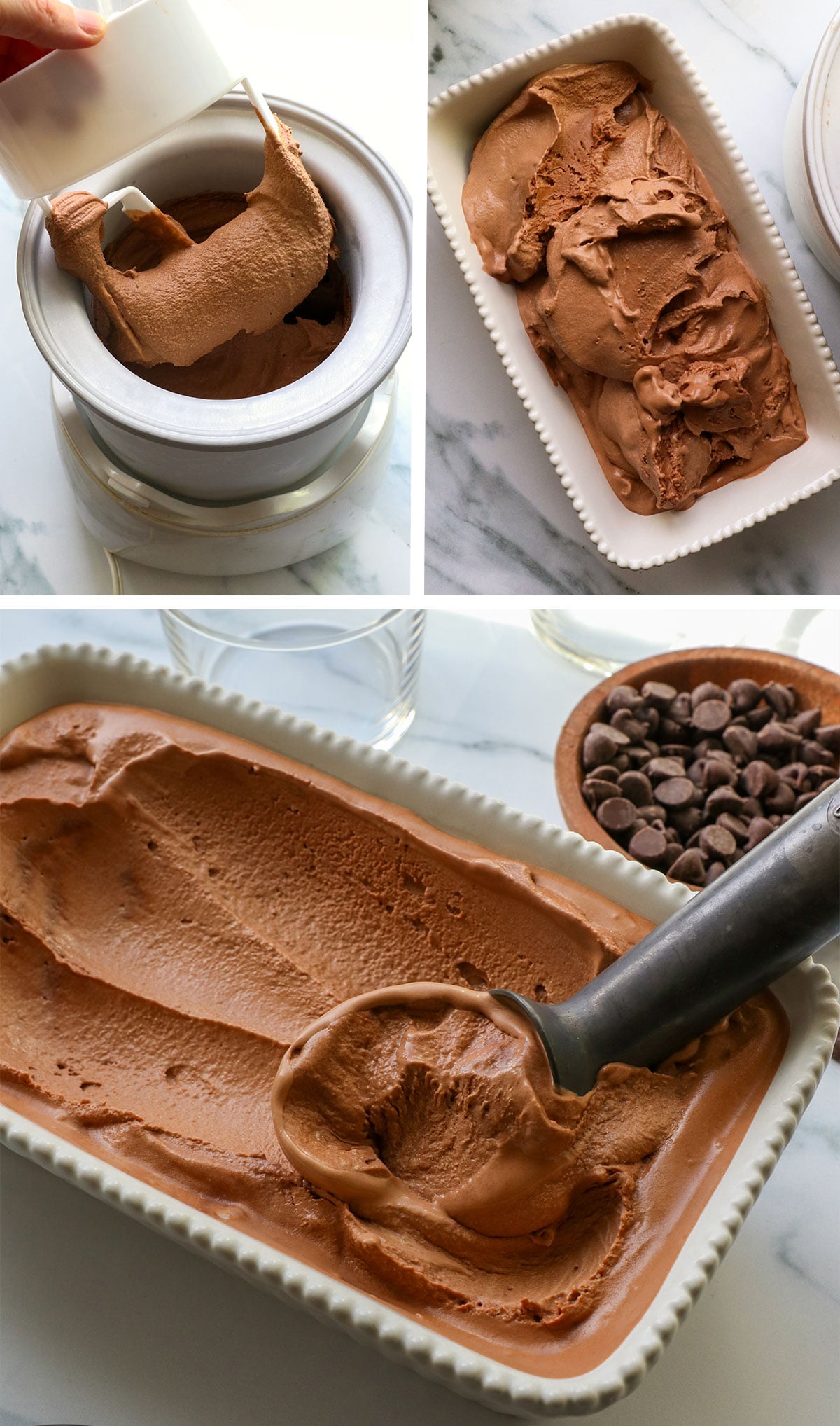 finished ice cream transferred to a loaf pan so it can be scooped.