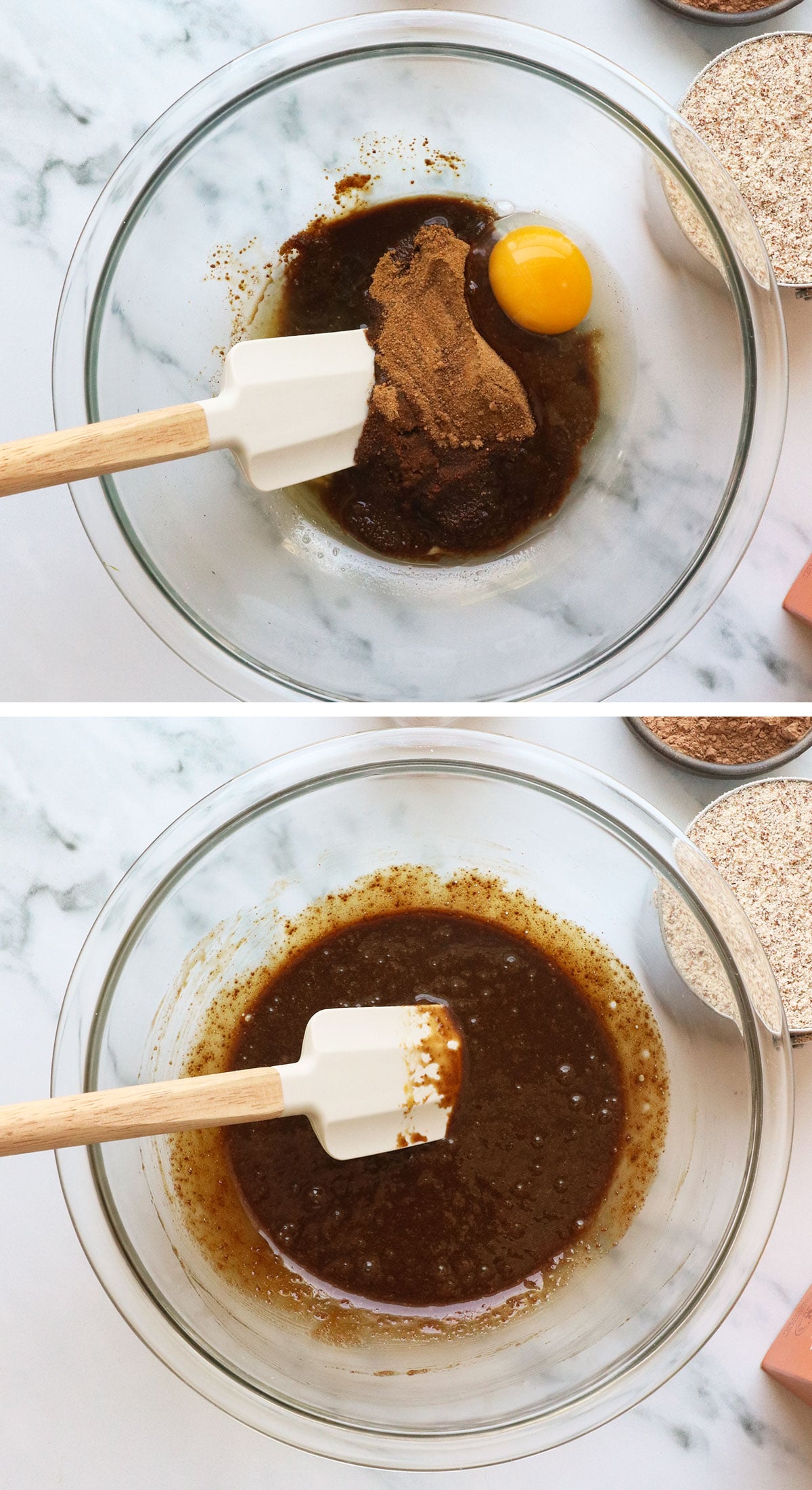 wet ingredients mixed in a glass bowl.