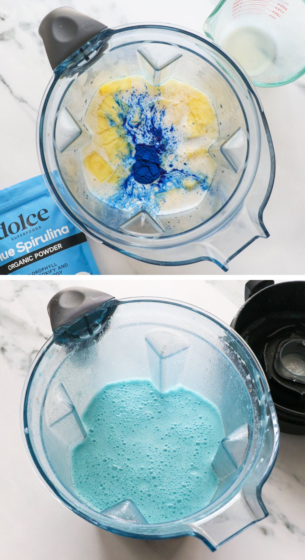pineapple, coconut milk, white grape juice, and blue spirulina blended together. 