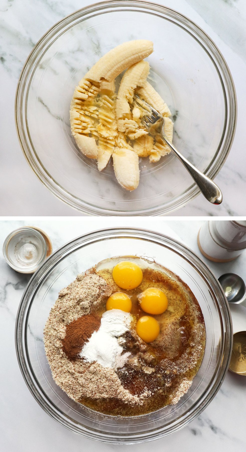 banana mashed in a large bowl with almond meal and eggs added in. 