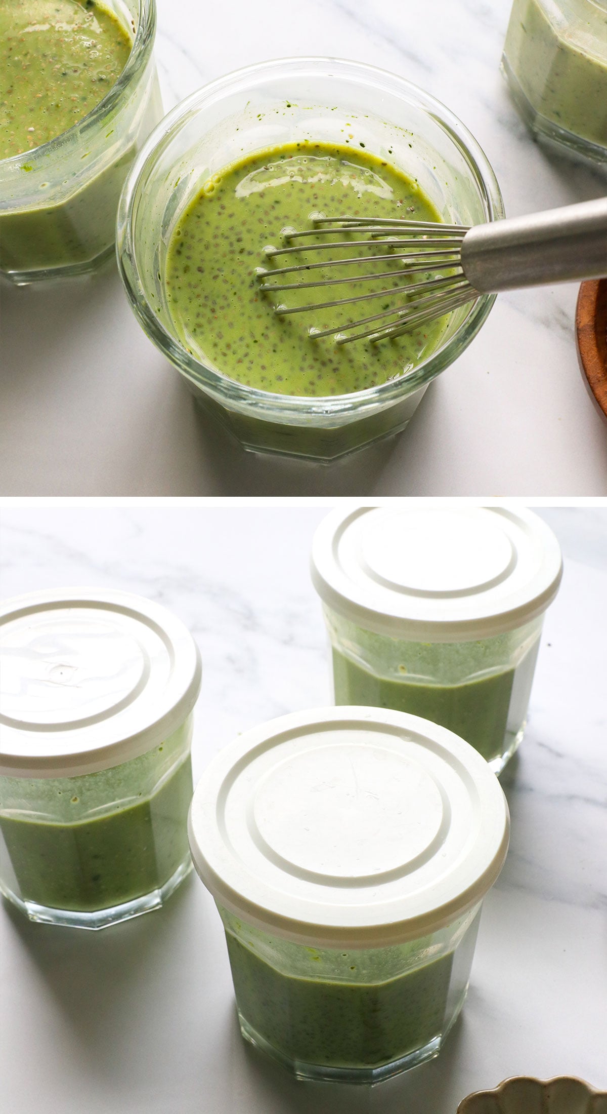 matcha chia pudding mixed twice with lids added to jars.