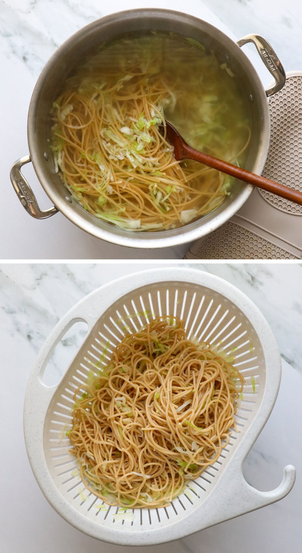 shredded cabbage cooked with spaghetti noodles and drained.