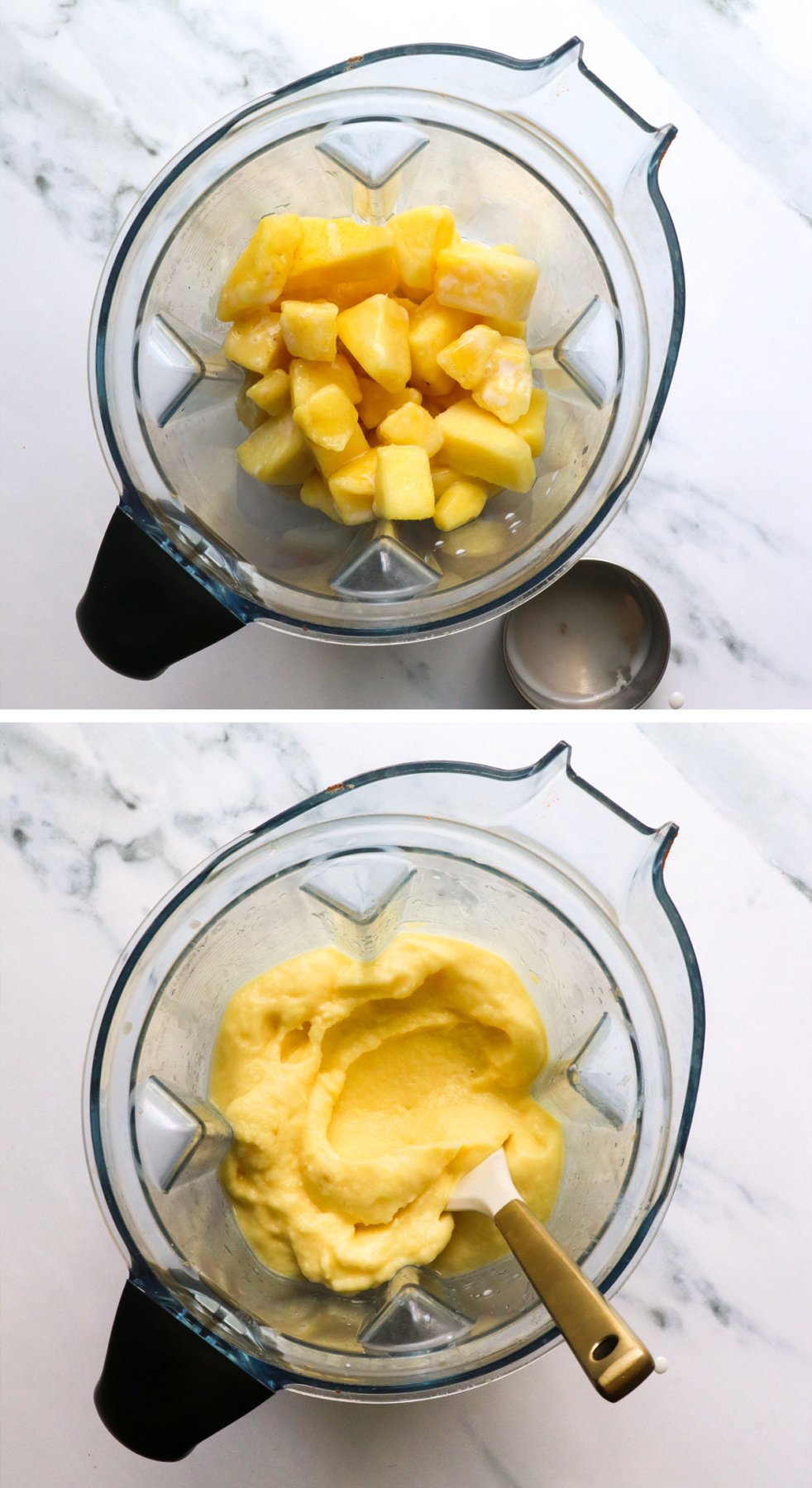 Frozen pineapple and liquid mix together until smooth.