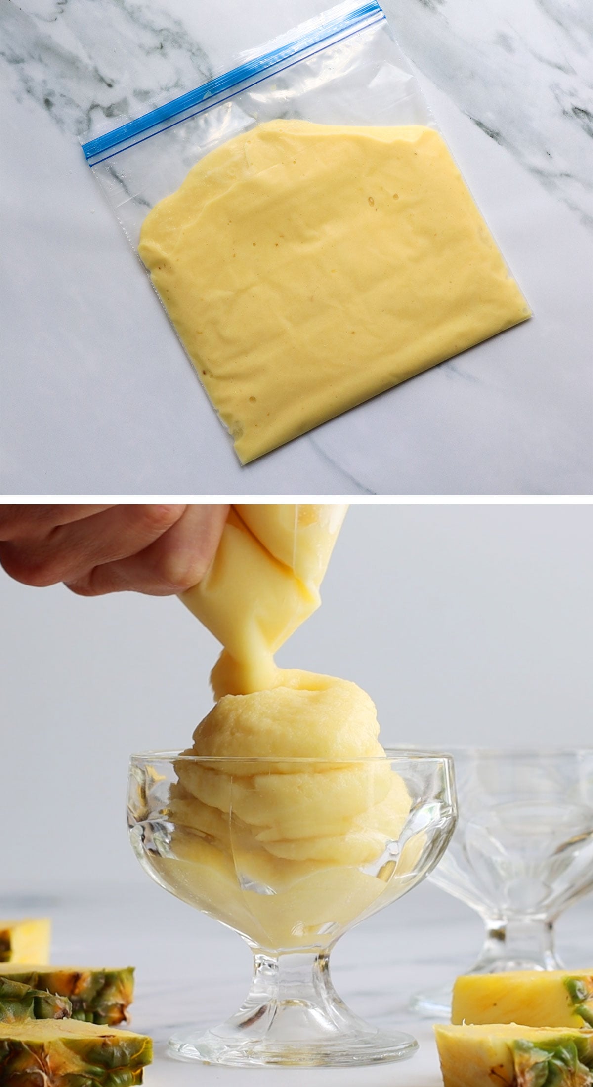 pineapple whip in a gallon bag and piped into a dish.