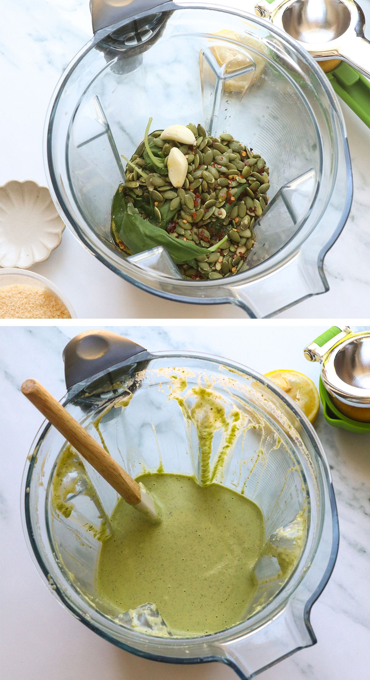 pumpkin seeds and basil blended together in a blender.