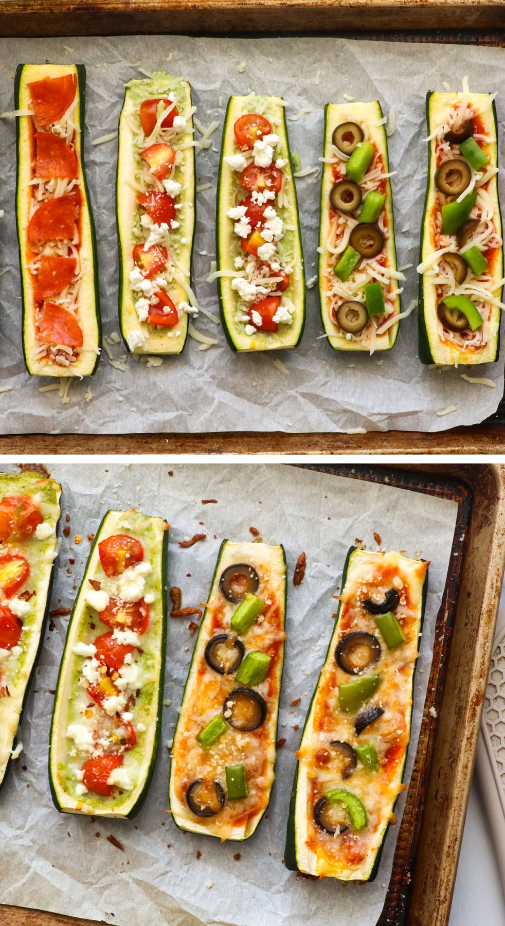 zucchini loaded with pizza toppings and then baked until melted. 
