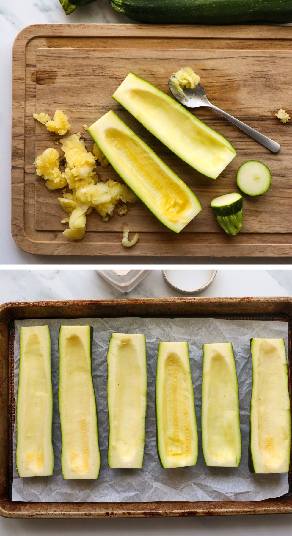 zucchini sliced and scooped, then arranged on a baking sheet. 