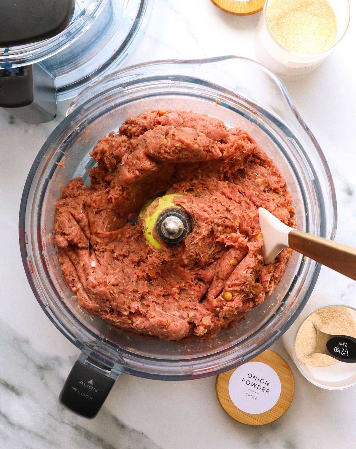 ground beef blended with lentils and spices to make a healthy burger mixture.