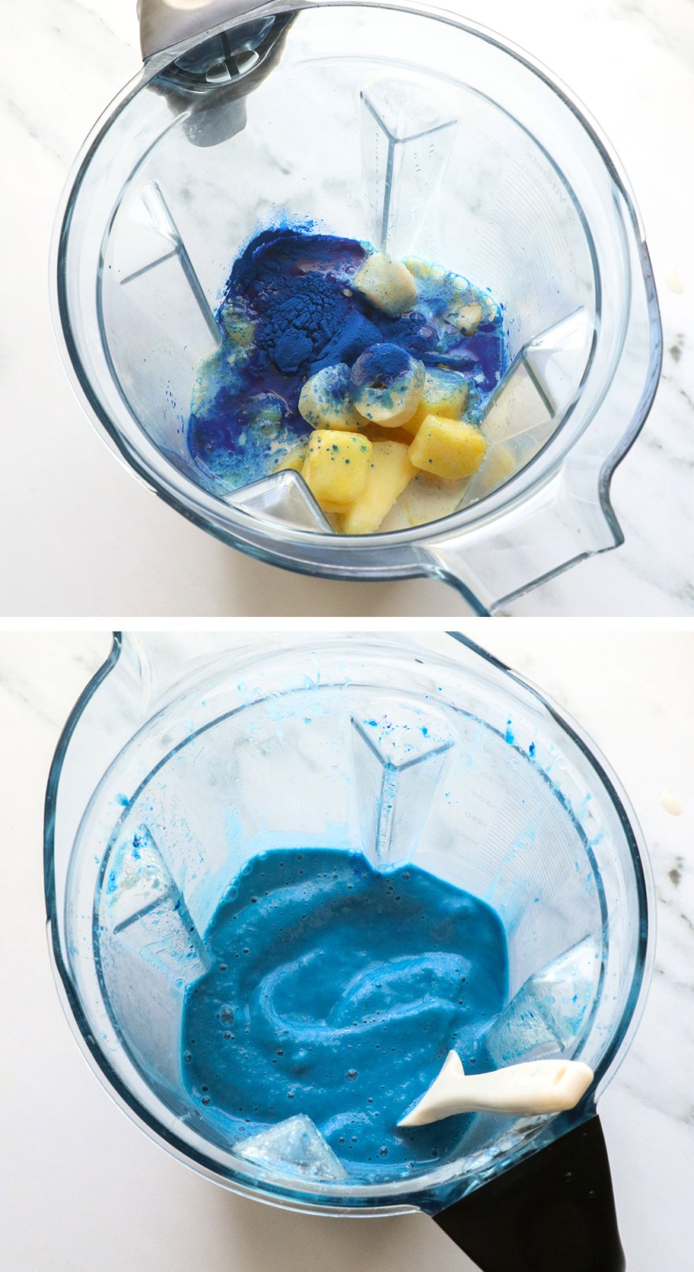 blue spirulina powder added to a smoothie in a blender.