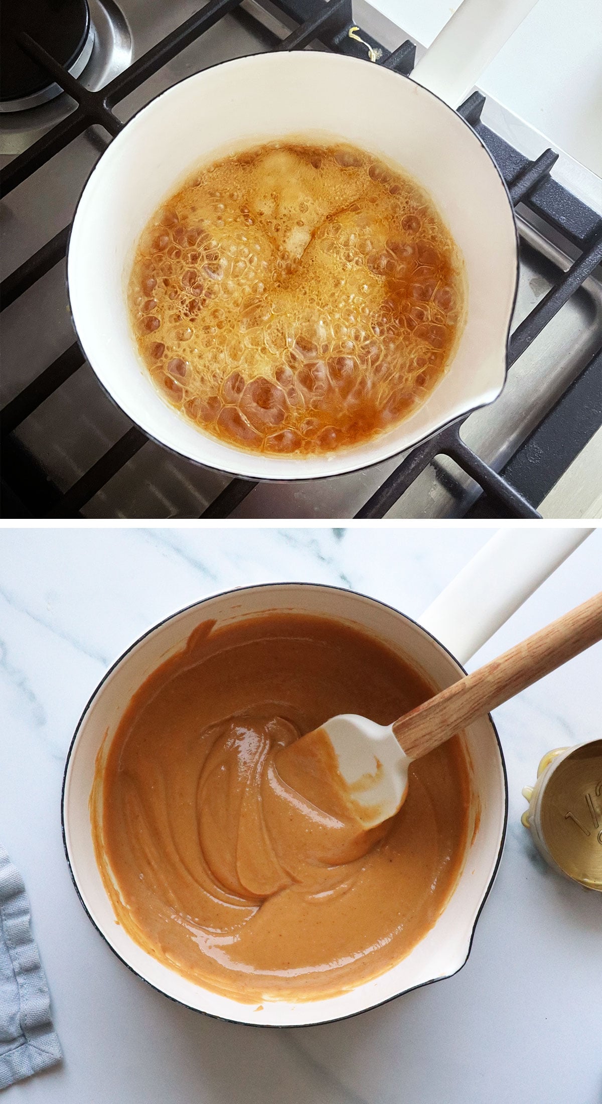 honey boiled in a saucepan and mixed with peanut butter and coconut oil until smooth.