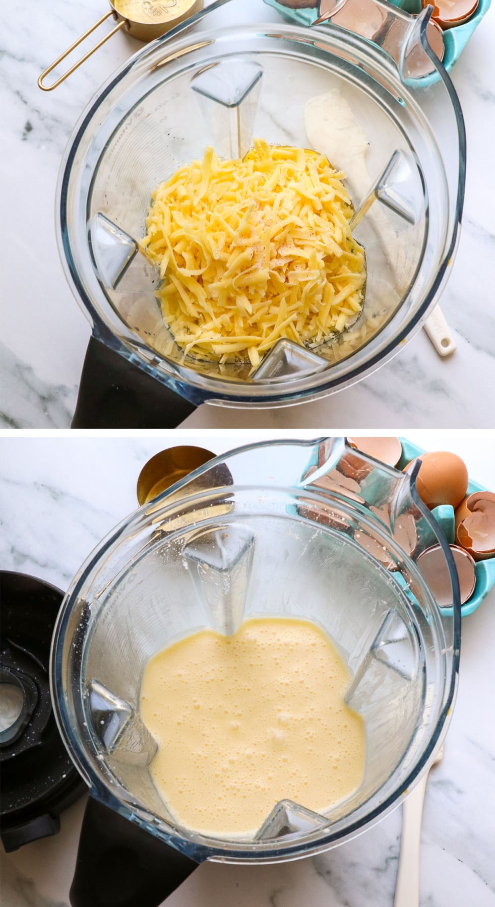 shredded cheese, cottage cheese, and eggs blended in a pitcher. 