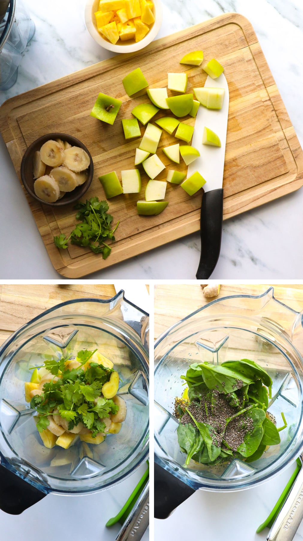 apple chopped on a cutting board near frozen banana and pineapple.