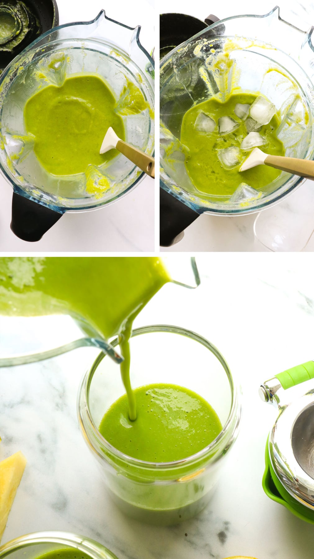 green smoothie with ice added and then poured into a glass cup.