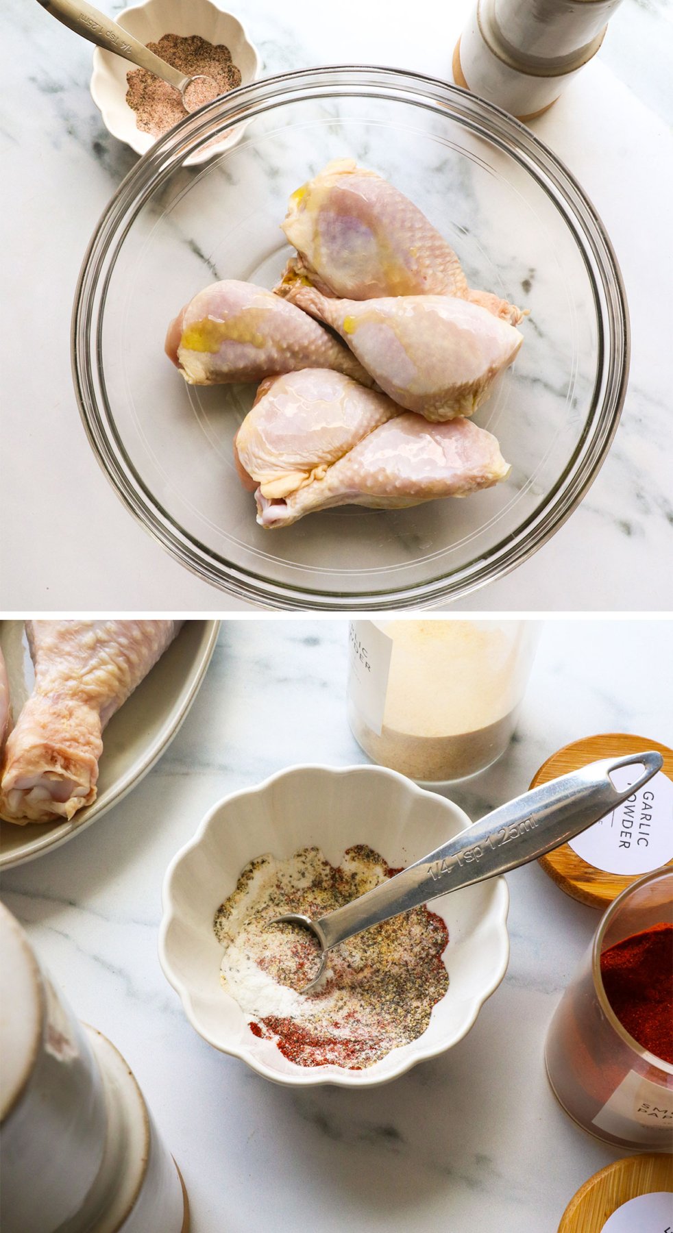 chicken drumsticks drizzled with olive oil and spices mixed. 