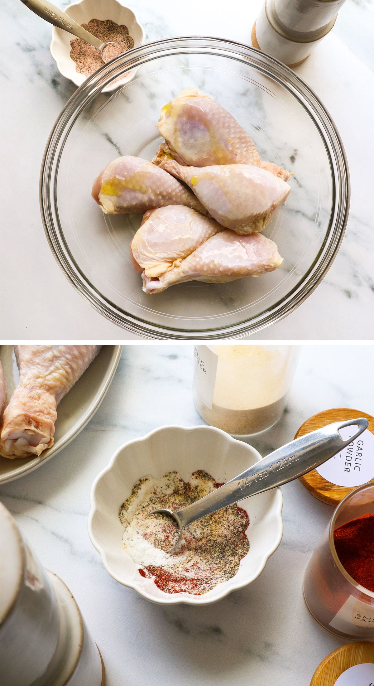 chicken drumsticks drizzled with olive oil and spices mixed.
