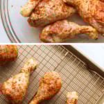 drumsticks seasoned in a bowl and arranged on a wire rack for baking.