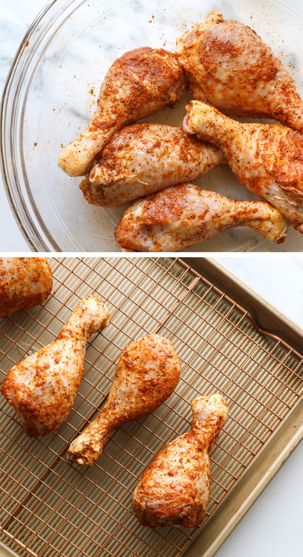 drumsticks seasoned in a bowl and arranged on a wire rack for baking. 
